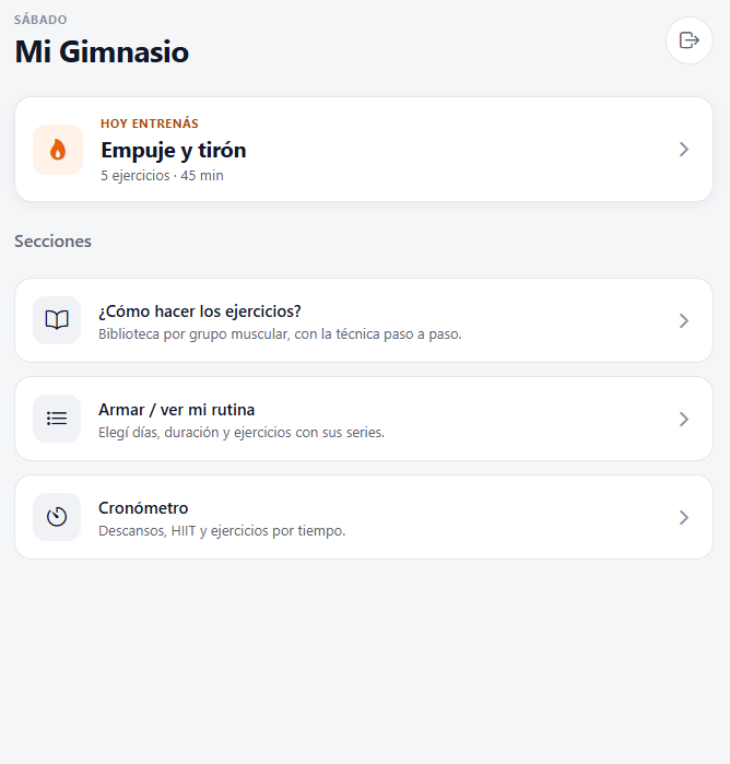 Pantalla de inicio de la app de gimnasio con la rutina del día y las secciones