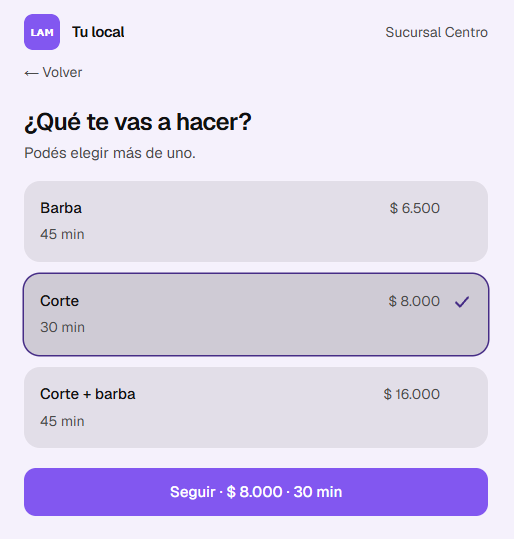 Pantalla de elección de servicios en la página pública de reserva de turnos